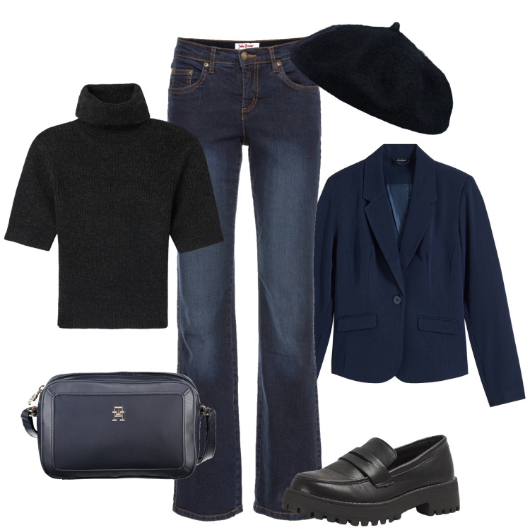 Outfit donna - Autunno parigino. Stile Trendy per Tutti i giorni. Abbinamento con jeans dritti, blazer, mocassini, maglieria, cappelli e berretti, borse a tracolla.