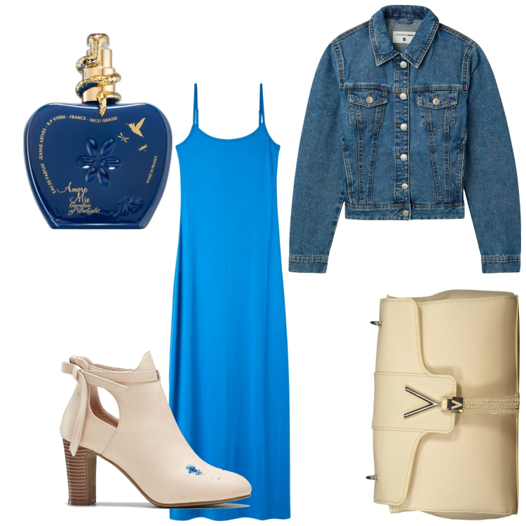 Outfit donna - Signora in blu. Stile Casual chic per Serata fuori. Abbinamento con stivaletti, profumi, vestiti lunghi, blazer, borse a tracolla.