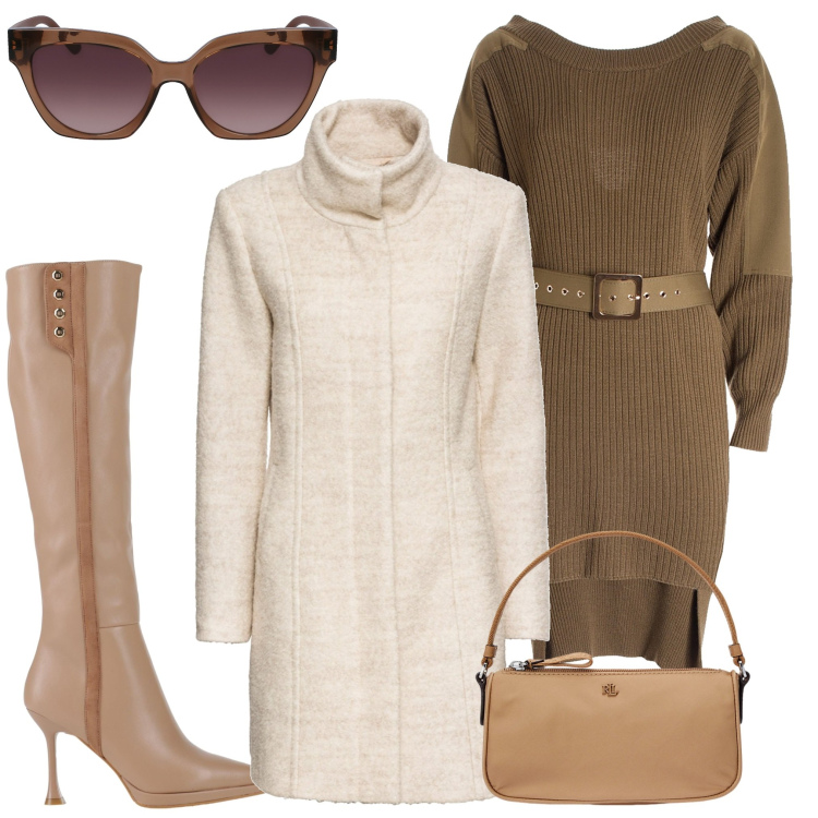 Outfit donna - In città. Stile Chic per Serata fuori. Abbinamento con cappotti, stivali, vestiti lunghi, pochette, occhiali da sole.