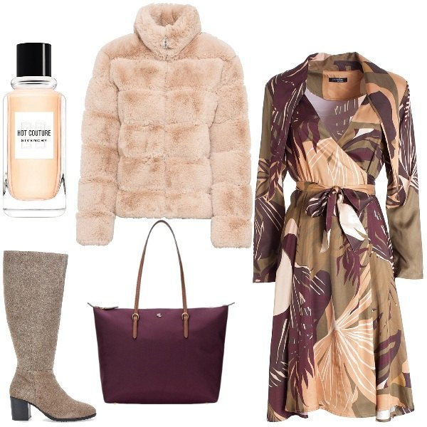 Outfit donna - Look da giorno chic. Stile Chic per Ufficio. Abbinamento con ecopellicce, profumi, vestiti midi/longuette, borse tote, stivali.