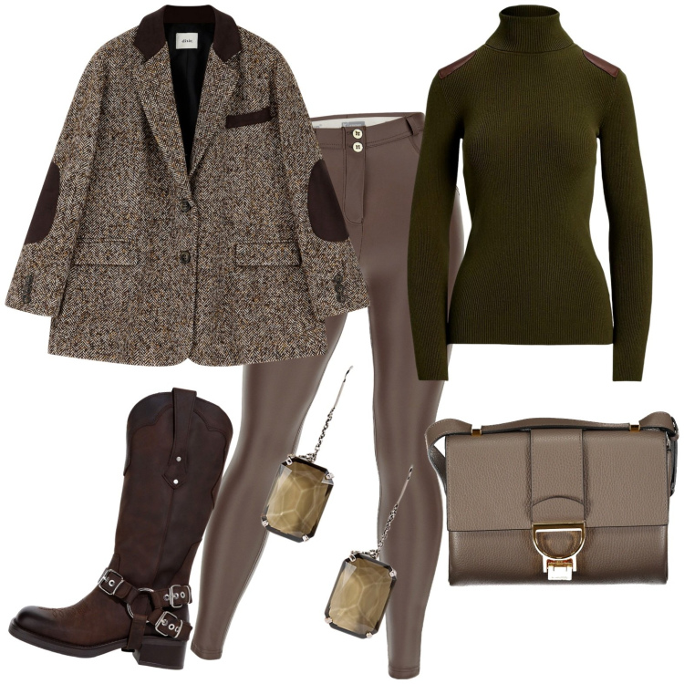 Outfit donna - Total look #1996456. Stile Rock per Tutti i giorni. Abbinamento con blazer, stivali, pantaloni skinny, orecchini, maglieria, borse a tracolla.