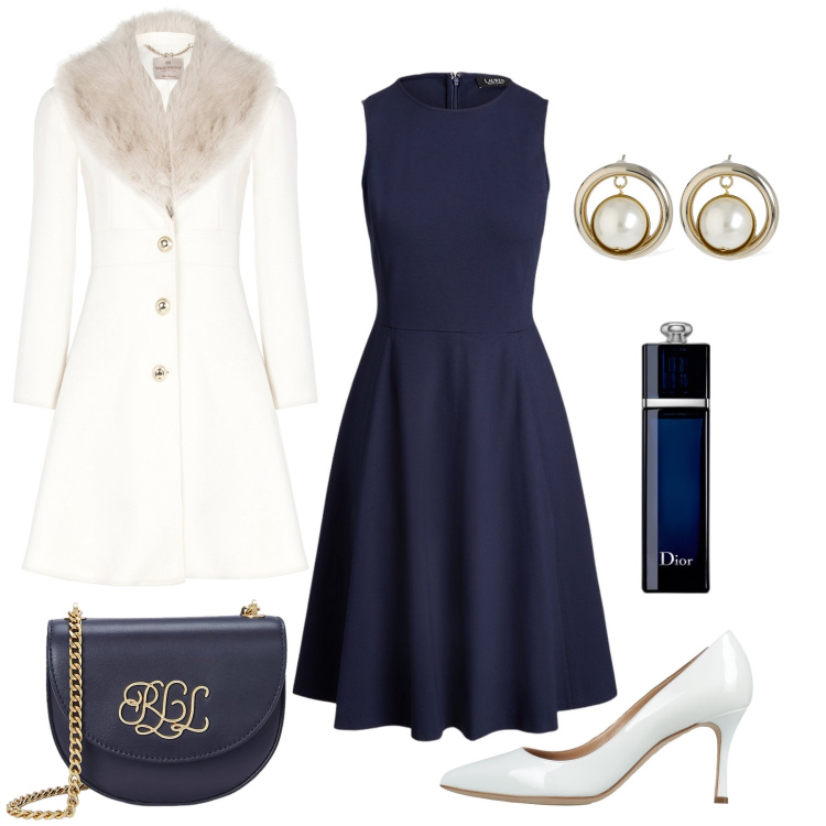Outfit donna - Il cappotto per la cerimonia d’autunno. Stile Chic per Cerimonia. Abbinamento con décolleté, profumi, cappotti, vestiti senza maniche, borse a tracolla, orecchini.