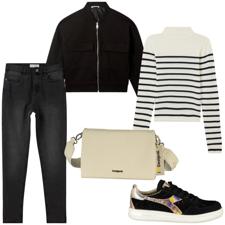Outfit donna - Maglia a righe. Stile Casual per Scuola/Università. Abbinamento con jeans skinny, maglieria, bomber, borse a spalla, sneakers.