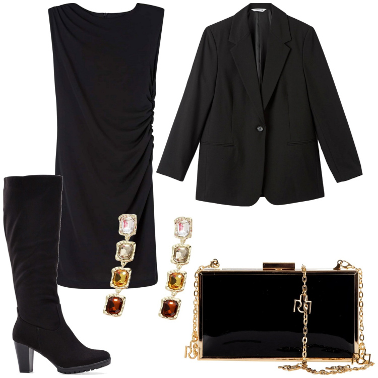Outfit donna - Tubino nero e giacca. Stile Glamour per Serata fuori. Abbinamento con stivali, vestiti a tubino, blazer, pochette, orecchini.