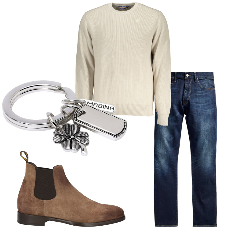 Outfit uomo - In ufficio. Stile Urban per Ufficio. Abbinamento con stivali e stivaletti, portachiavi, jeans, maglieria.