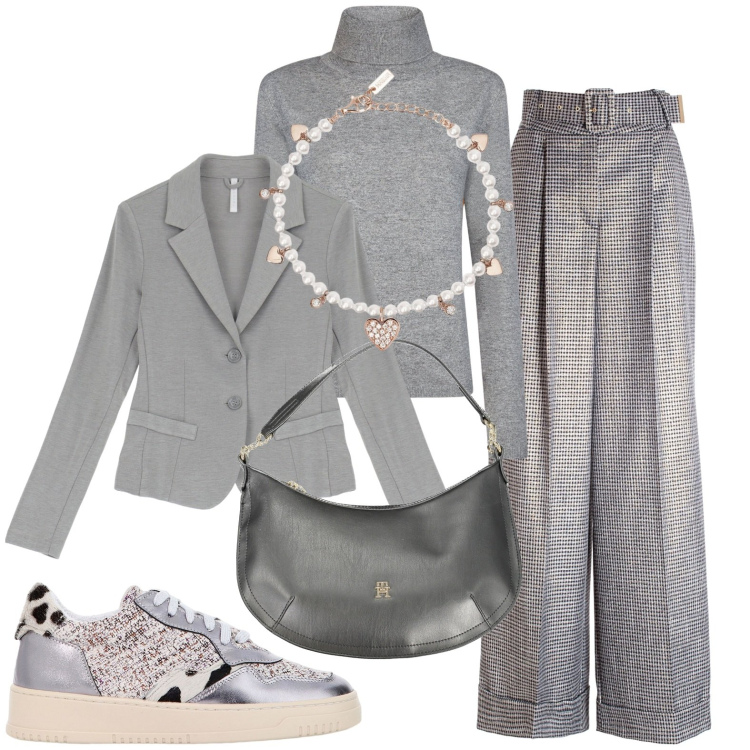 Outfit donna - Total look #1996494. Stile Casual per Tutti i giorni. Abbinamento con blazer, sneakers, braccialetti, pantaloni a palazzo, maglieria, borse a spalla.