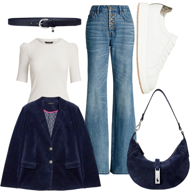 Outfit donna - La giacca di velluto. Stile Casual chic per Tutti i giorni. Abbinamento con borse a spalla, jeans, sneakers, t-shirt, cinture, blazer.