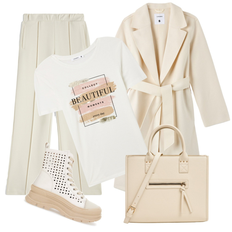 Outfit donna - Total look #1996590. Stile Urban per Tutti i giorni. Abbinamento con t-shirt, cappotti, shopping bag, pantaloni, stivaletti.