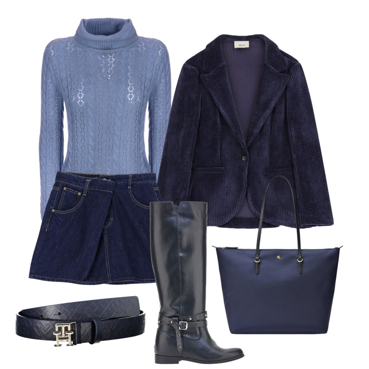 Outfit donna - Minigonna e stivali alti. Stile Sporty chic per Tutti i giorni. Abbinamento con minigonne, maglieria, blazer, borse tote, stivali, cinture.