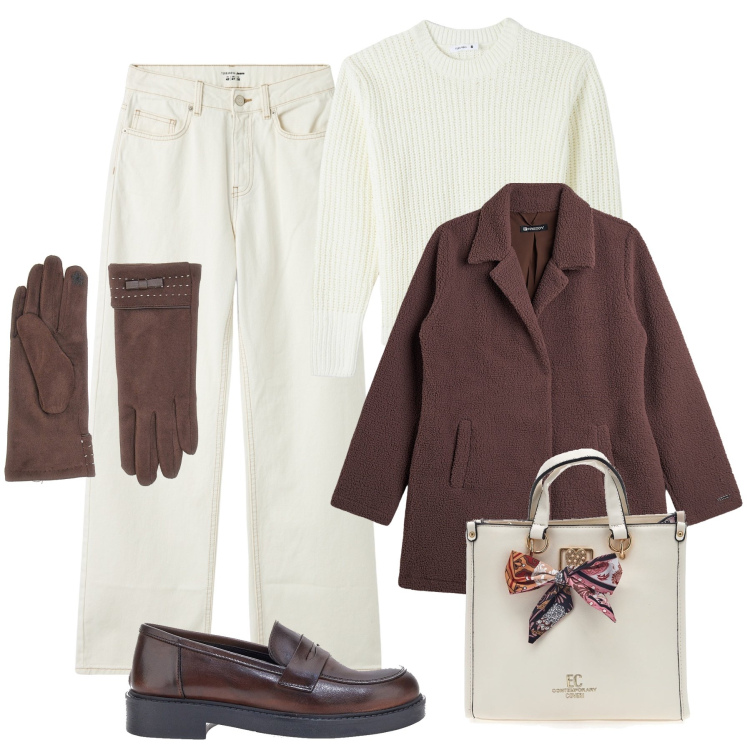 Outfit donna - Ufficio rilassato: jeans e ciniglia. Stile Sporty chic per Ufficio. Abbinamento con jeans, maglieria, blazer, mocassini, borse a mano, guanti.