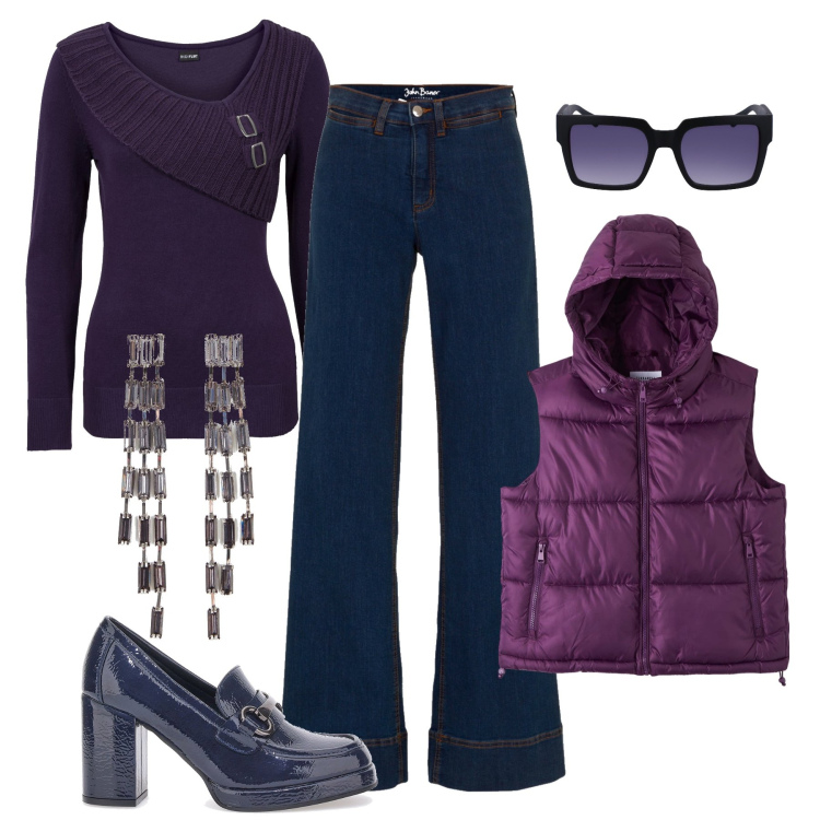 Outfit donna - Purple & blu time. Stile Urban per Tutti i giorni. Abbinamento con jeans, maglieria, orecchini, piumini, mocassini, occhiali da sole.