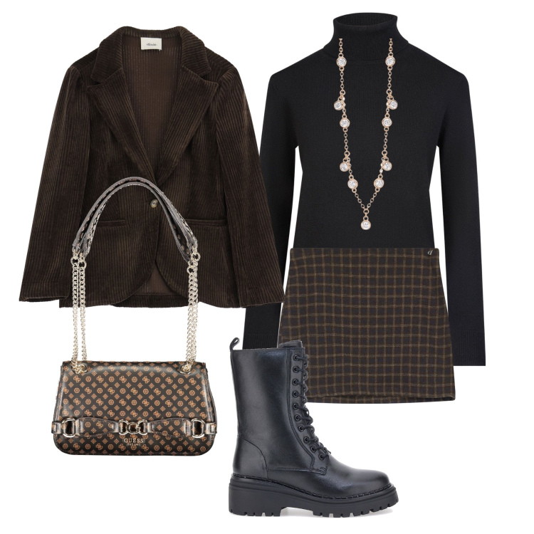 Outfit donna - Minigonna, anfibi e giacca in velluto. Stile Trendy per Tutti i giorni. Abbinamento con collane, minigonne, blazer, anfibi, maglieria, borse a spalla.