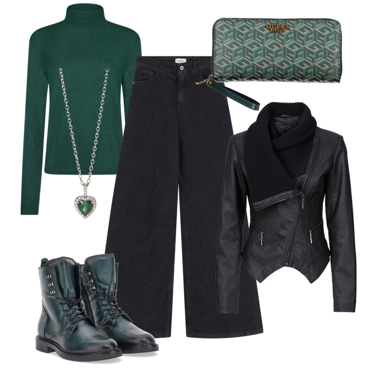 Outfit donna - Sfumature di verde. Stile Urban per Tutti i giorni. Abbinamento con blazer, ciondoli, jeans, anfibi, maglieria, portafogli.