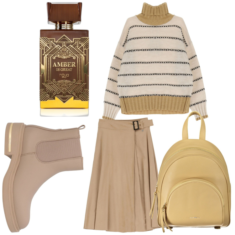 Outfit donna - Studentessa. Stile Casual chic per Scuola/Università. Abbinamento con stivaletti chelsea, profumi, maglieria, gonne, zaini.