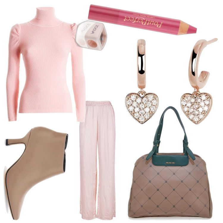 Outfit donna - Cuori rosa. Stile Casual chic per Ufficio. Abbinamento con rossetti, orecchini, maglieria, pantaloni a palazzo, stivaletti, borse a spalla.