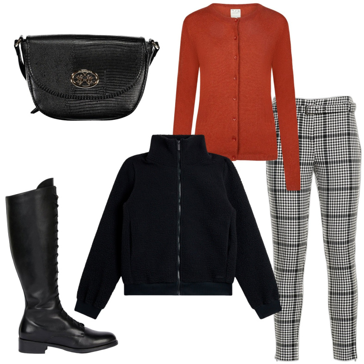 Outfit donna - Stile british. Stile Minimal per Ufficio. Abbinamento con pantaloni, blazer, cardigans, borse a tracolla, stivali.