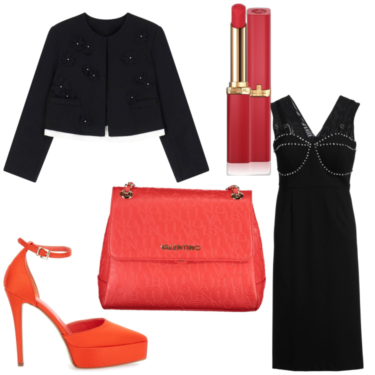 Outfit donna - Chic. Stile Chic per Serata fuori. Abbinamento con vestiti midi/longuette, rossetti, blazer, décolleté, borse a spalla.