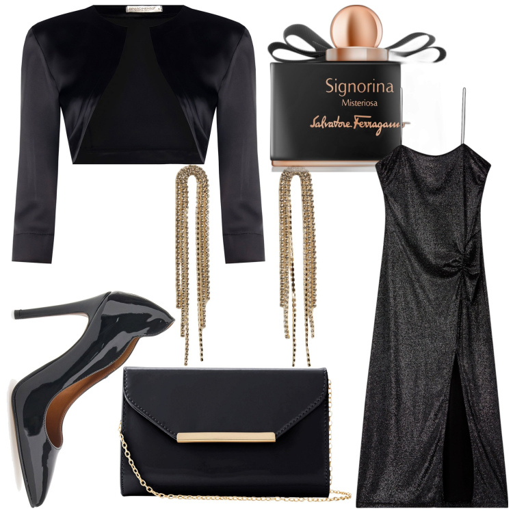 Outfit donna - Signorina. Stile Chic per Serata fuori. Abbinamento con pochette, vestiti lunghi, orecchini, bolero, profumi, décolleté.