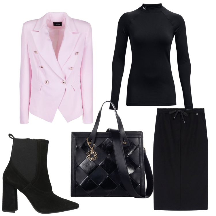 Outfit donna - Rosa in ufficio. Stile Chic per Ufficio. Abbinamento con stivaletti chelsea, borse a mano, blazer, gonne, pullovers.