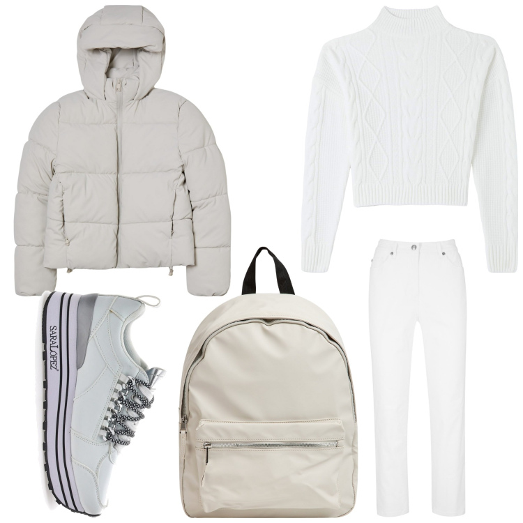 Outfit donna - Aspettando la neve. Stile Basic per Tutti i giorni. Abbinamento con pantaloni, zaini, maglieria, blazer, sneakers.