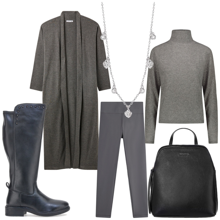 Outfit donna - Grigio e stivali. Stile Casual per Tutti i giorni. Abbinamento con cardigans, collane, zaini, leggings, stivali, maglieria.