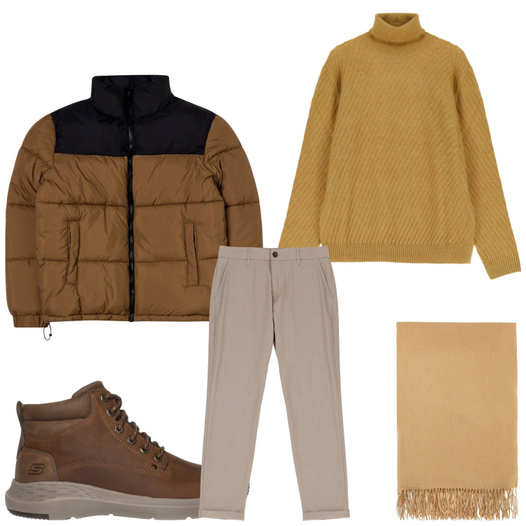 Outfit uomo - Senape e marrone. Stile Casual per Tutti i giorni. Abbinamento con giacche, pantaloni, maglieria, sciarpe, stivali e stivaletti.