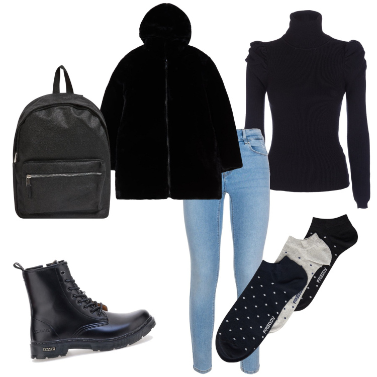 Outfit donna - Fredda mattinata. Stile Basic per Tutti i giorni. Abbinamento con zaini, ecopellicce, maglieria, jeans skinny, calzini, anfibi.