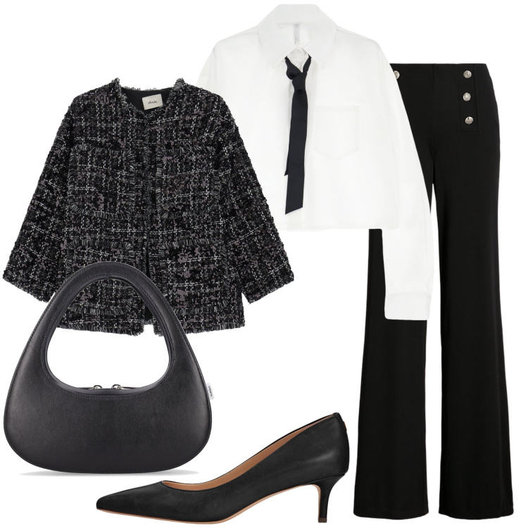 Outfit donna - La camicia con cravattino. Stile Chic per Ufficio. Abbinamento con camicie, blazer, décolleté, pantaloni, borse a mano.