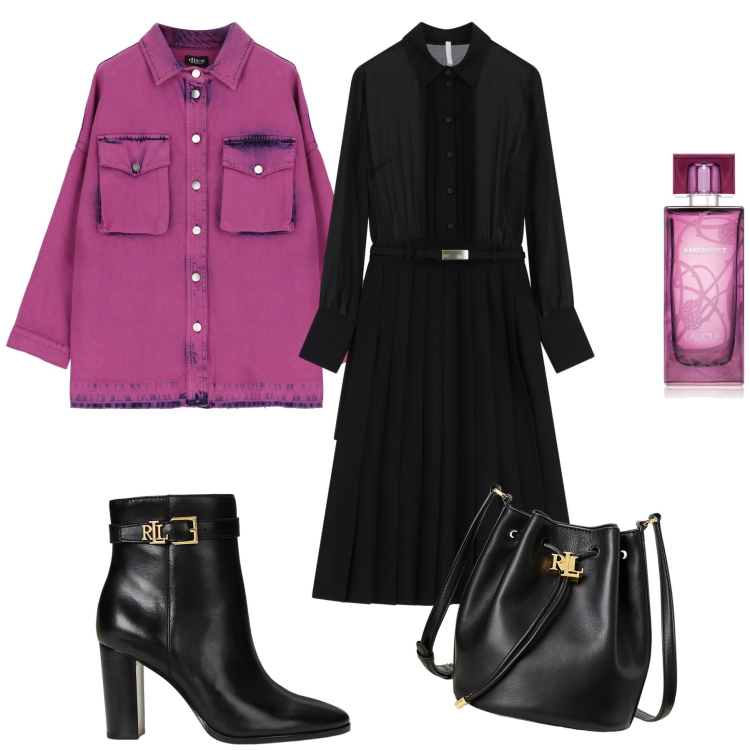 Outfit donna - Profumo di classe. Stile Trendy per Tutti i giorni. Abbinamento con profumi, vestiti, stivaletti, borse a secchiello, blazer.