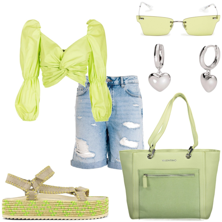 Outfit donna - Verde perfetto per la giornata. Stile Casual per Tutti i giorni. Abbinamento con orecchini, bermuda, top, sandali, occhiali da sole, borse a spalla.