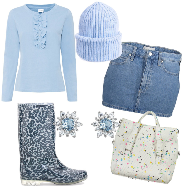 Outfit donna - Total look. Stile Trendy per Tutti i giorni. Abbinamento con maglieria, orecchini, berretti, stivali di gomma, borse a spalla, minigonne.