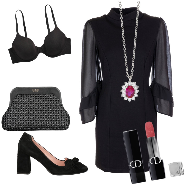 Outfit donna - Serata chic in corto. Stile Chic per Serata fuori. Abbinamento con décolleté, rossetti, collane, vestiti, reggiseni, borse a mano.