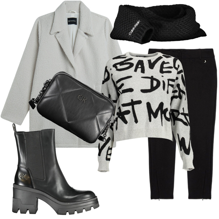 Outfit donna - Bianco ghiaccio. Stile Urban per Tutti i giorni. Abbinamento con cappotti, sciarpe, maglieria, stivali, pantaloni skinny, borse a tracolla.