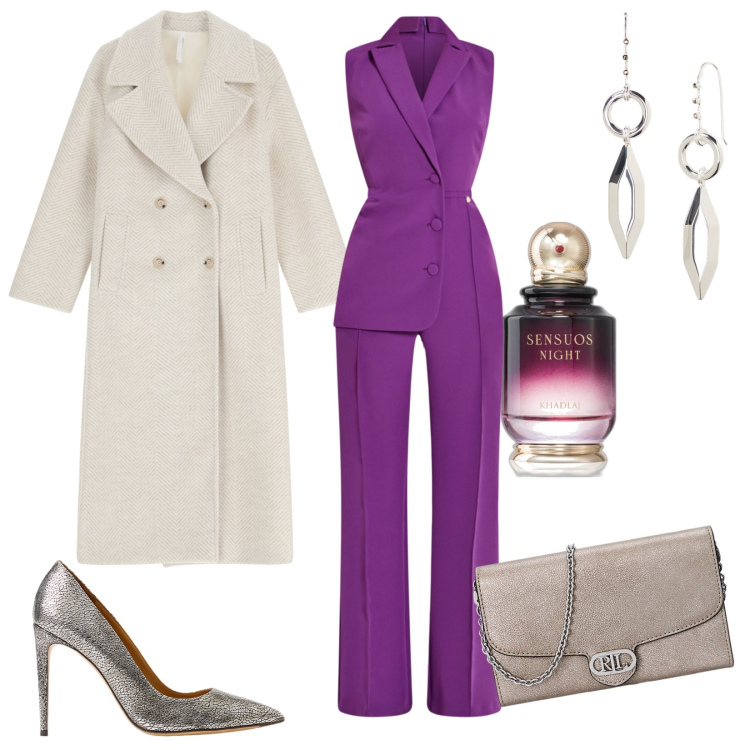 Outfit donna - Cappotto in bianco e tuta in viola. Stile Glamour per Cerimonia. Abbinamento con profumi, tute, cappotti, borse a tracolla, décolleté, orecchini.