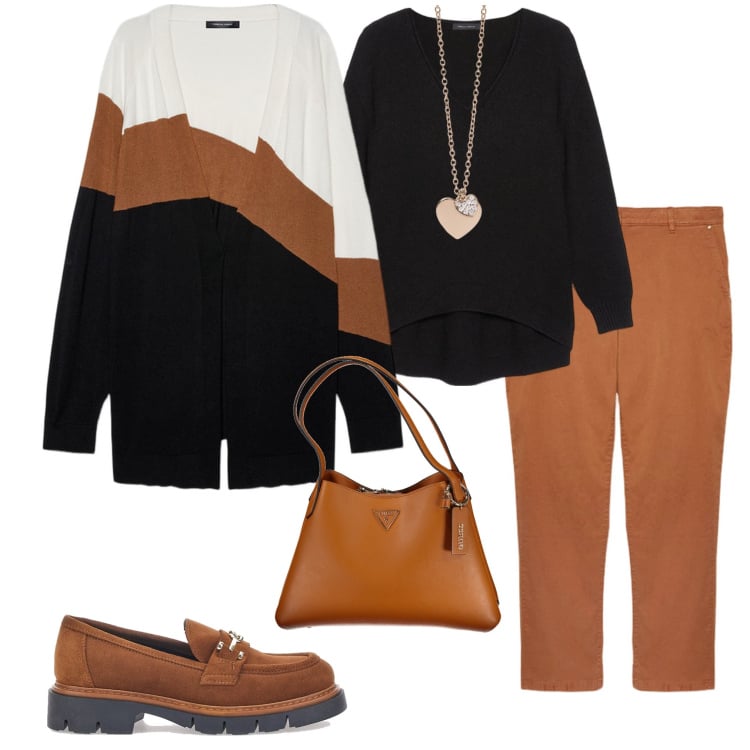 Outfit donna - In ufficio. Stile Casual chic per Ufficio. Abbinamento con ciondoli, mocassini, pantaloni, cardigans, maglieria, borse a spalla.