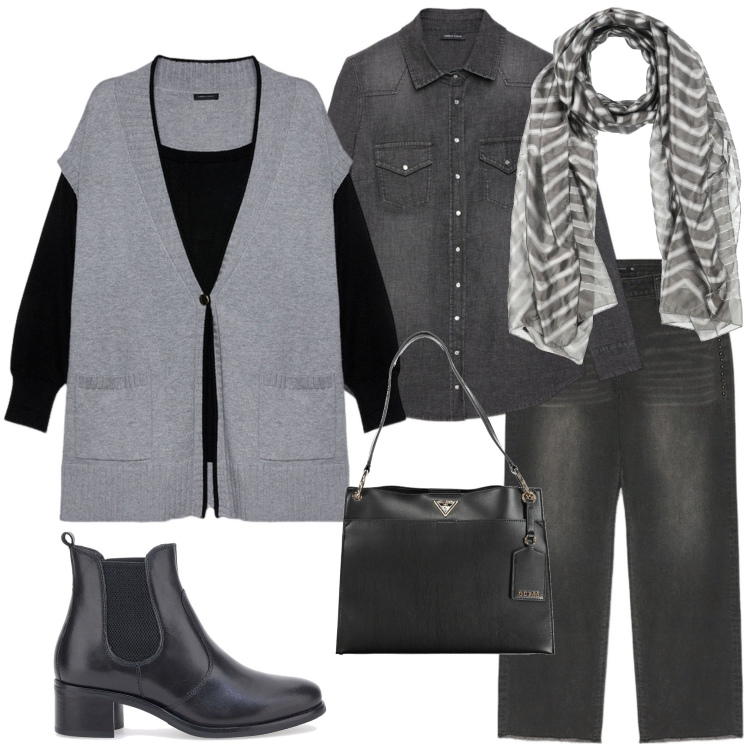 Outfit donna - In ufficio. Stile Casual chic per Ufficio. Abbinamento con sciarpe, stivaletti chelsea, cardigans, jeans, borse a spalla, camicie.
