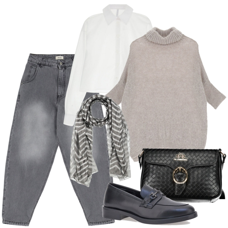 Outfit donna - Baloon jeans. Stile Casual per Tutti i giorni. Abbinamento con sciarpe, camicie, maglieria, jeans, mocassini, borse a tracolla.