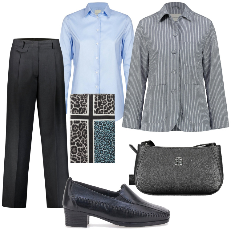 Outfit donna - City. Stile Mannish per Ufficio. Abbinamento con pantaloni, mocassini, blazer, borse a tracolla, sciarpe, camicie.