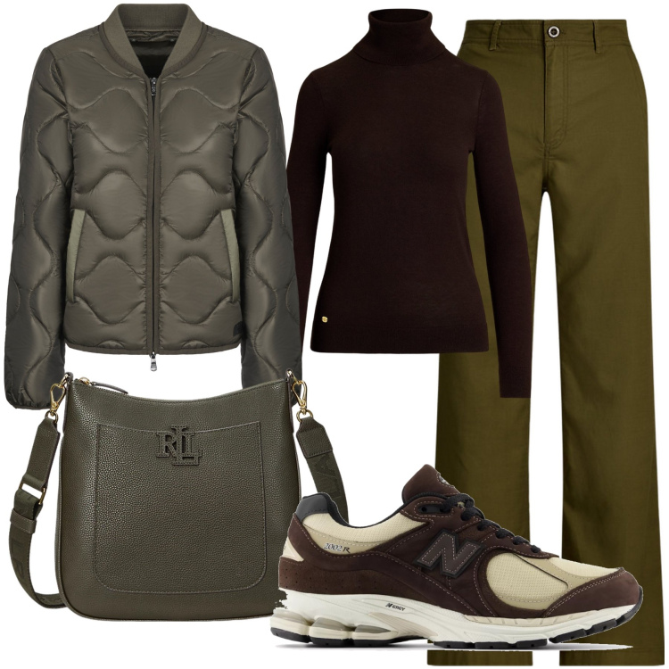 Outfit donna - Marrone e verde. Stile Casual per Tutti i giorni. Abbinamento con sneakers, pantaloni, borse a tracolla, maglieria, blazer.
