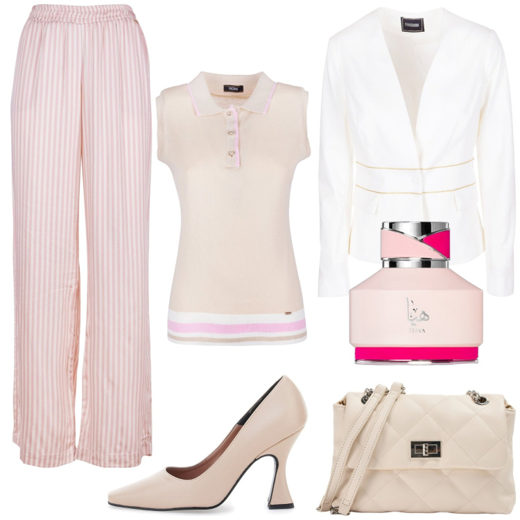 Outfit donna - L\'ufficio al sud. Stile Chic per Ufficio. Abbinamento con profumi, borse a spalla, pantaloni a palazzo, blazer, maglieria, décolleté.
