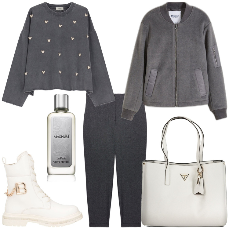 Outfit donna - Grey and white. Stile Trendy per Tutti i giorni. Abbinamento con bomber, anfibi, profumi, felpe, pantaloni, borse a spalla.