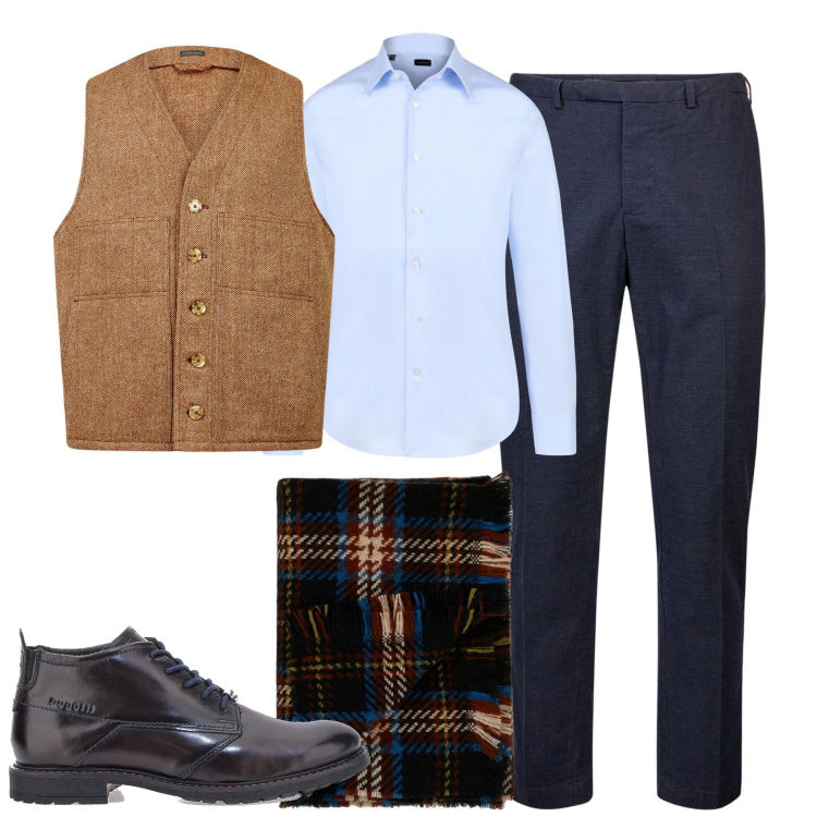 Outfit uomo - In ufficio. Stile Urban per Ufficio. Abbinamento con sciarpe, gilet, pantaloni, scarpe stringate, camicie.