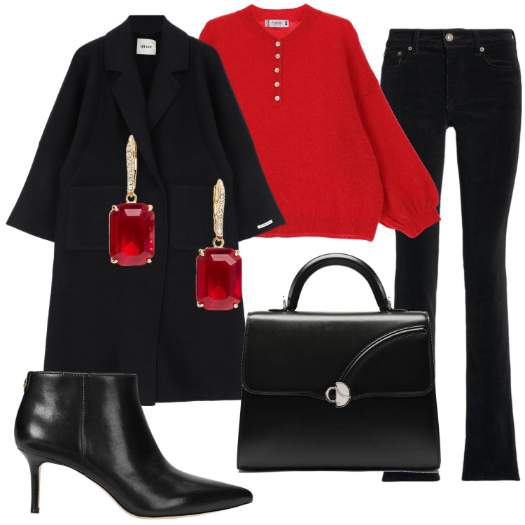 Outfit donna - Rosso e nero. Stile Casual per Ufficio. Abbinamento con maglieria, pantaloni, stivaletti, orecchini, cappotti, borse a mano.