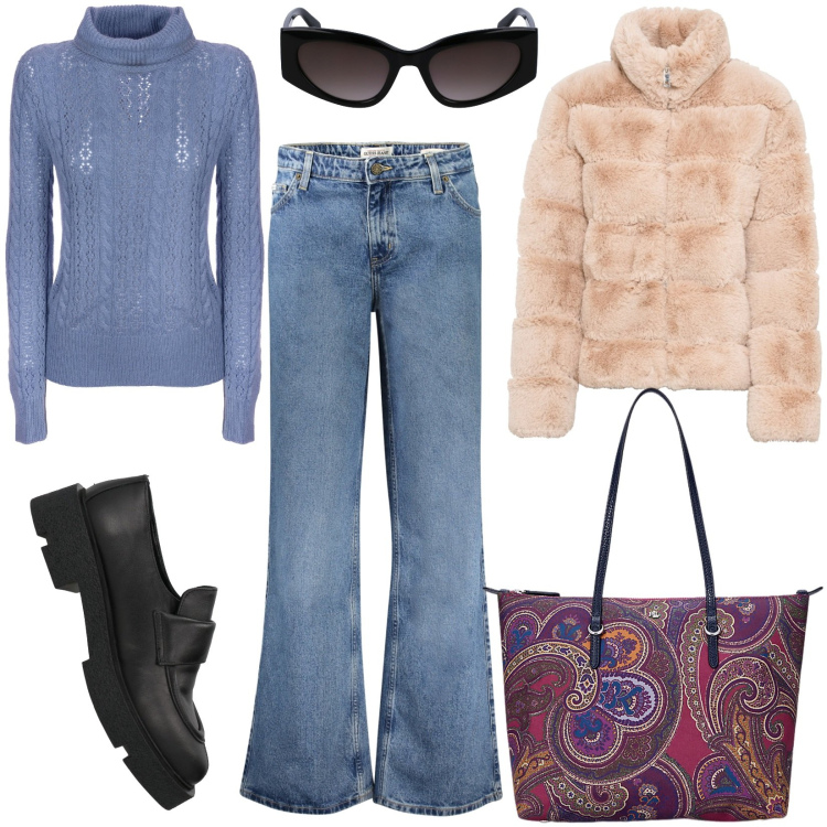 Outfit donna - Total look #1997183. Stile Trendy per Tutti i giorni. look ideale per Tall. Abbinamento con ecopellicce, mocassini, maglieria, borse tote, occhiali da sole, jeans.