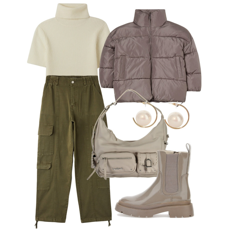 Outfit donna - A collo alto. Stile Urban per Tutti i giorni. Abbinamento con pantaloni cargo, maglieria, blazer, orecchini, anfibi, borse a spalla.