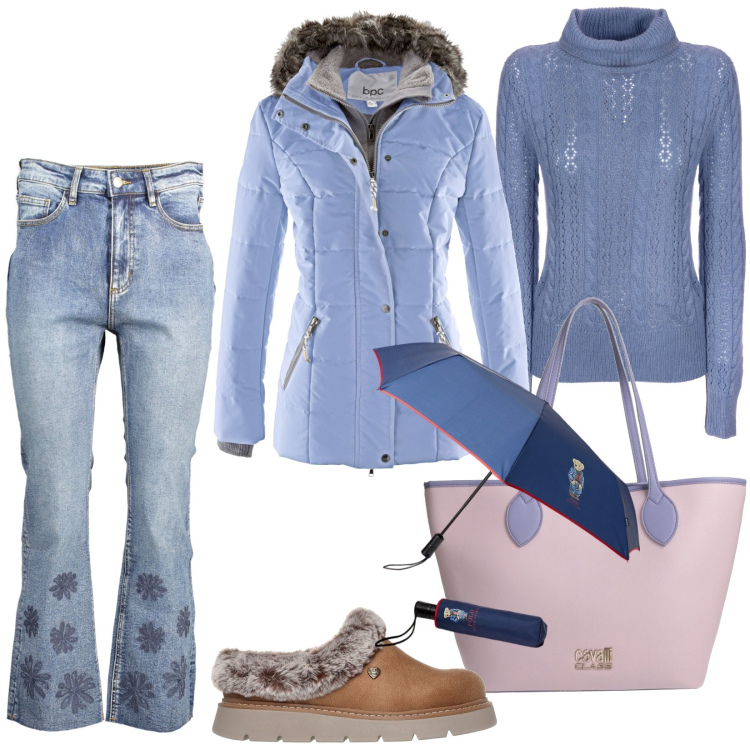 Outfit donna - Total look #1997193. Stile Basic per Tutti i giorni. Abbinamento con piumini, borse a spalla, maglieria, borse tote, ciabatte, jeans.