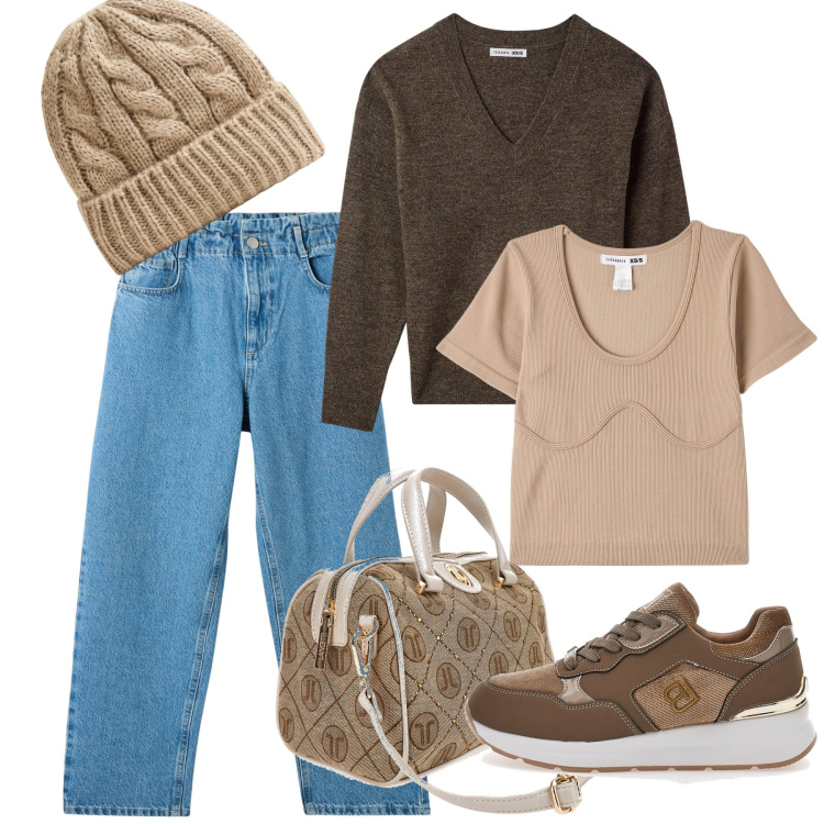 Outfit donna - Jeans a novembre. Stile Casual per Tutti i giorni. Abbinamento con maglieria, jeans, t-shirt, berretti, sneakers, borse a mano.