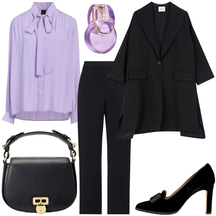 Outfit donna - Il pranzo di lavoro. Stile Chic per Ufficio. Abbinamento con camicie, pantaloni, profumi, blazer, borse a tracolla, décolleté.
