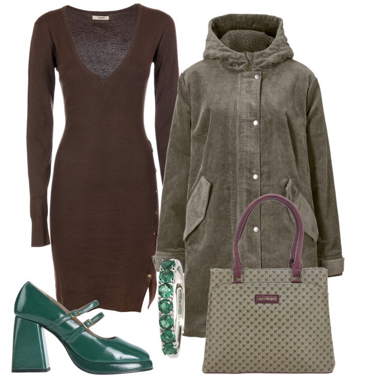 Outfit donna - La scarpa su tutto. Stile Bon Ton per Ufficio. Abbinamento con parka, décolleté, anelli, vestiti, borse a spalla.