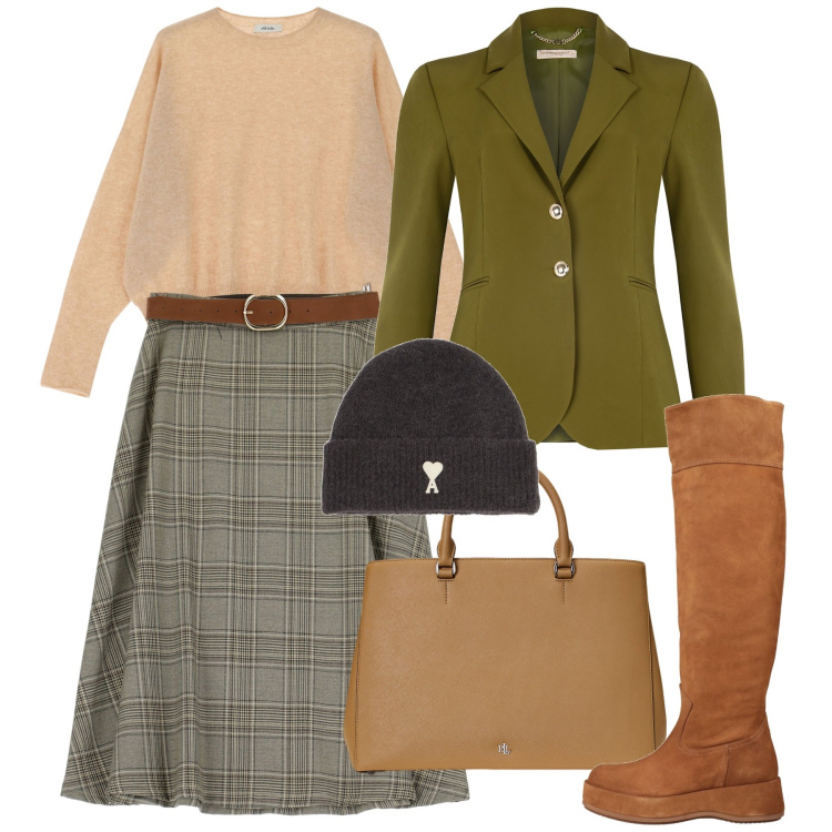 Outfit donna - La ruota tartan. Stile Chic per Ufficio. Abbinamento con stivali, borse a mano, gonne, pullovers, blazer, cappelli.